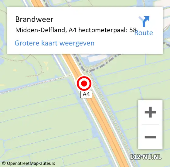 Locatie op kaart van de 112 melding: Brandweer Midden-Delfland, A4 hectometerpaal: 58 op 6 januari 2023 13:20