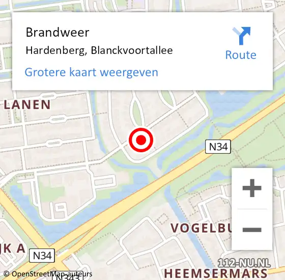 Locatie op kaart van de 112 melding: Brandweer Hardenberg, Blanckvoortallee op 6 januari 2023 16:20