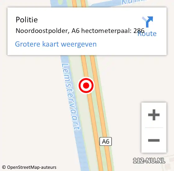 Locatie op kaart van de 112 melding: Politie Noordoostpolder, A6 hectometerpaal: 286 op 6 januari 2023 16:31