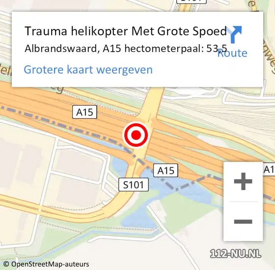 Locatie op kaart van de 112 melding: Trauma helikopter Met Grote Spoed Naar Albrandswaard, A15 hectometerpaal: 53,5 op 6 januari 2023 17:33