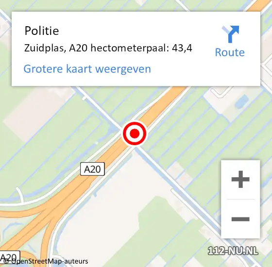 Locatie op kaart van de 112 melding: Politie Zuidplas, A20 hectometerpaal: 43,4 op 6 januari 2023 20:14