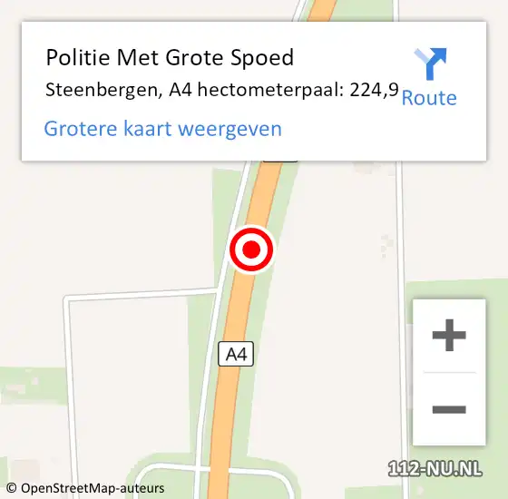 Locatie op kaart van de 112 melding: Politie Met Grote Spoed Naar Steenbergen, A4 hectometerpaal: 224,9 op 6 januari 2023 20:25