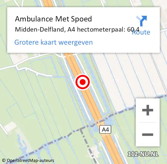 Locatie op kaart van de 112 melding: Ambulance Met Spoed Naar Midden-Delfland, A4 hectometerpaal: 60,4 op 6 januari 2023 21:07