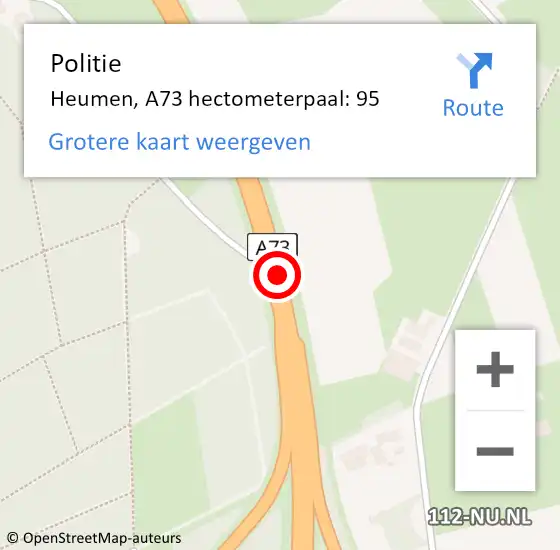 Locatie op kaart van de 112 melding: Politie Heumen, A73 hectometerpaal: 95 op 6 januari 2023 21:09