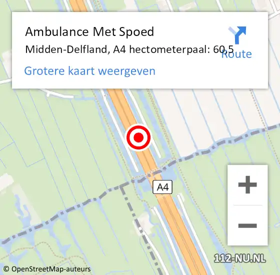 Locatie op kaart van de 112 melding: Ambulance Met Spoed Naar Midden-Delfland, A4 hectometerpaal: 60,5 op 6 januari 2023 21:21