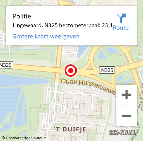 Locatie op kaart van de 112 melding: Politie Lingewaard, N325 hectometerpaal: 23,1 op 7 januari 2023 01:53