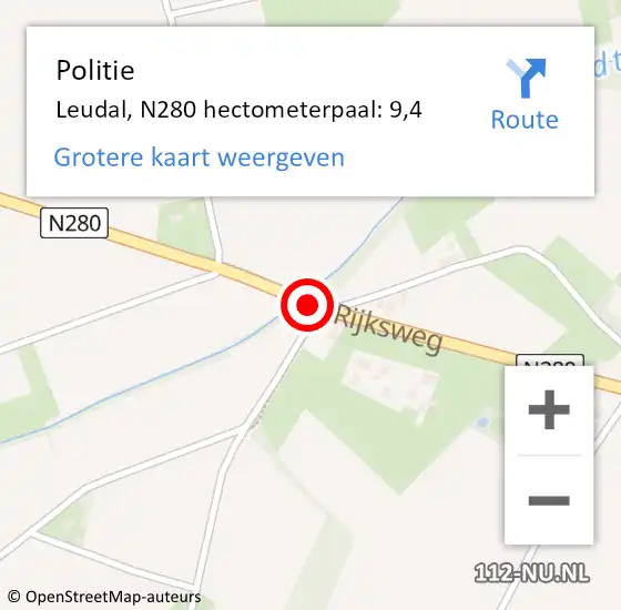 Locatie op kaart van de 112 melding: Politie Leudal, N280 hectometerpaal: 9,4 op 7 januari 2023 05:36