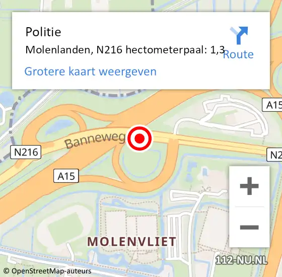 Locatie op kaart van de 112 melding: Politie Molenlanden, N216 hectometerpaal: 1,3 op 7 januari 2023 10:51