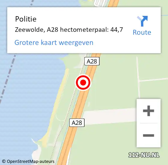 Locatie op kaart van de 112 melding: Politie Zeewolde, A28 hectometerpaal: 44,7 op 7 januari 2023 11:20