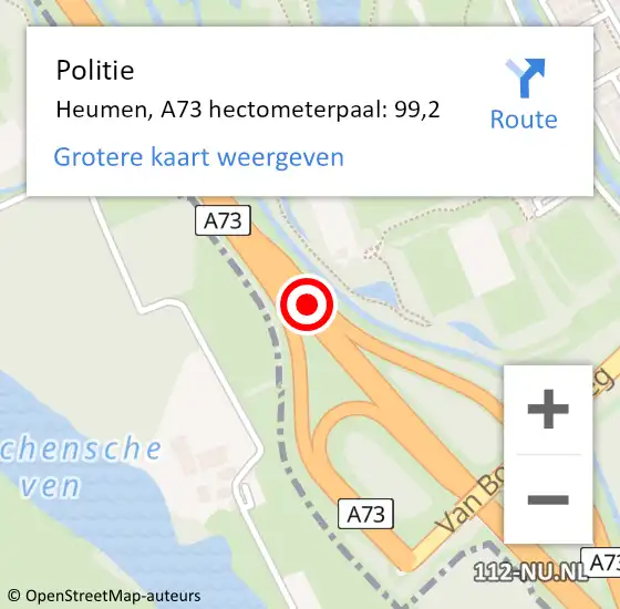 Locatie op kaart van de 112 melding: Politie Wijchen, A73 hectometerpaal: 99,2 op 7 januari 2023 18:55