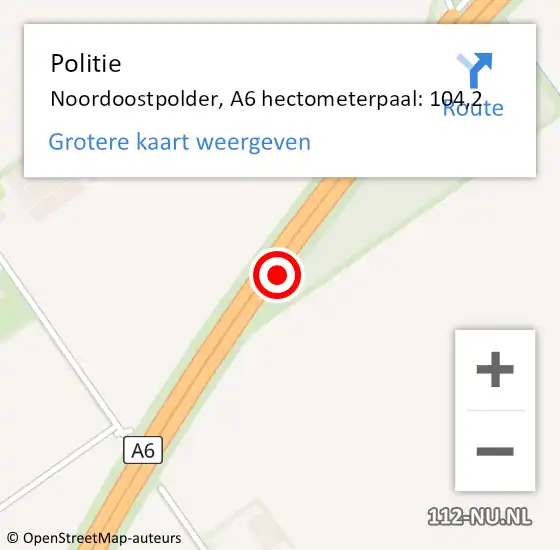 Locatie op kaart van de 112 melding: Politie Noordoostpolder, A6 hectometerpaal: 104,2 op 7 januari 2023 19:13