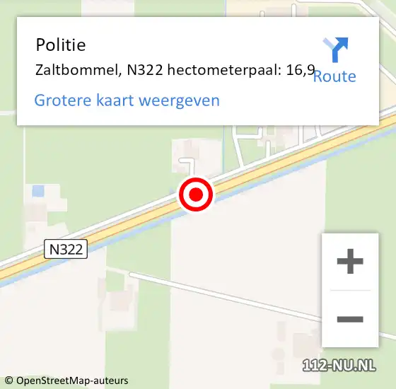 Locatie op kaart van de 112 melding: Politie Zaltbommel, N322 hectometerpaal: 16,9 op 7 januari 2023 19:53