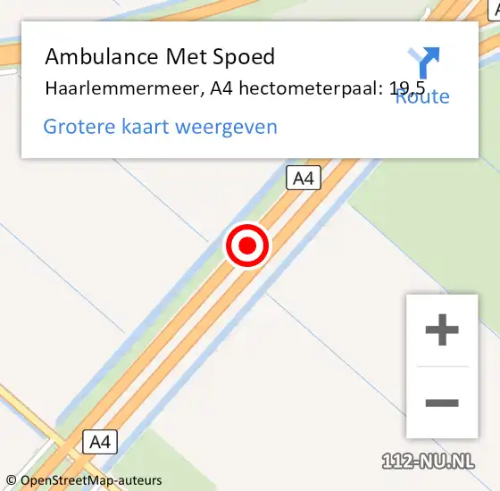 Locatie op kaart van de 112 melding: Ambulance Met Spoed Naar Haarlemmermeer, A4 hectometerpaal: 19,5 op 7 januari 2023 21:09