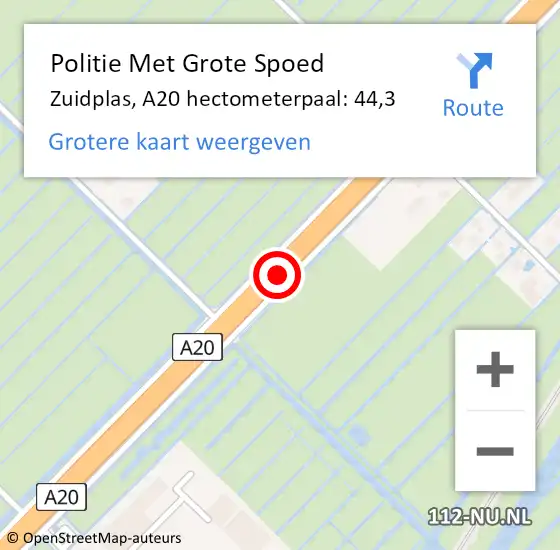 Locatie op kaart van de 112 melding: Politie Met Grote Spoed Naar Zuidplas, A20 hectometerpaal: 44,3 op 7 januari 2023 21:35