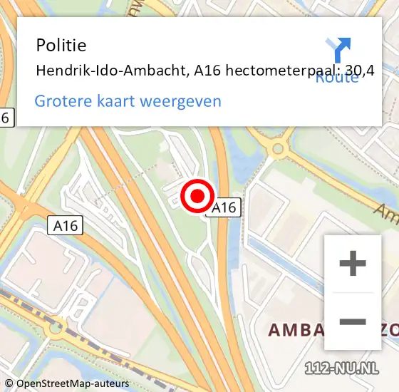 Locatie op kaart van de 112 melding: Politie Hendrik-Ido-Ambacht, A16 hectometerpaal: 30,4 op 7 januari 2023 22:30