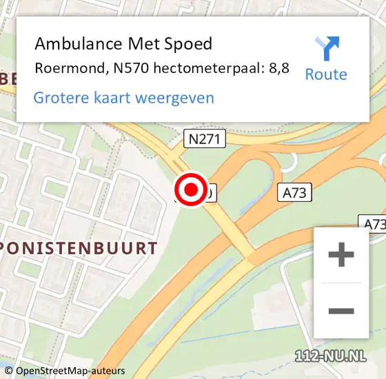 Locatie op kaart van de 112 melding: Ambulance Met Spoed Naar Roermond, N570 hectometerpaal: 8,8 op 8 januari 2023 04:21