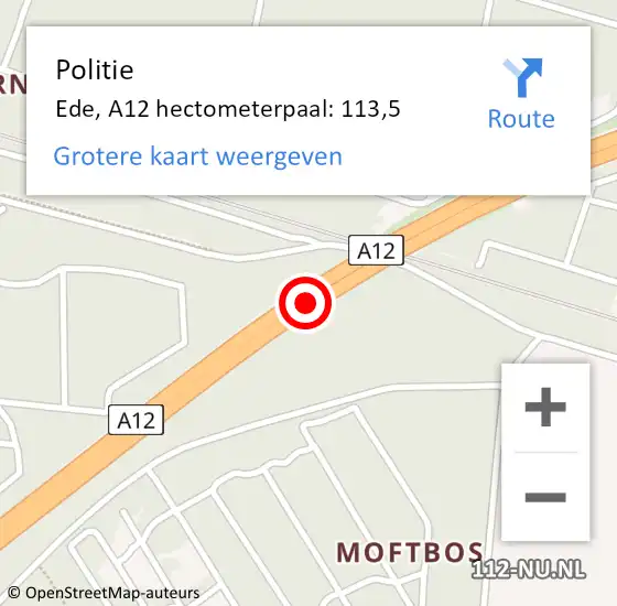 Locatie op kaart van de 112 melding: Politie Ede, A12 hectometerpaal: 113,5 op 8 januari 2023 05:21