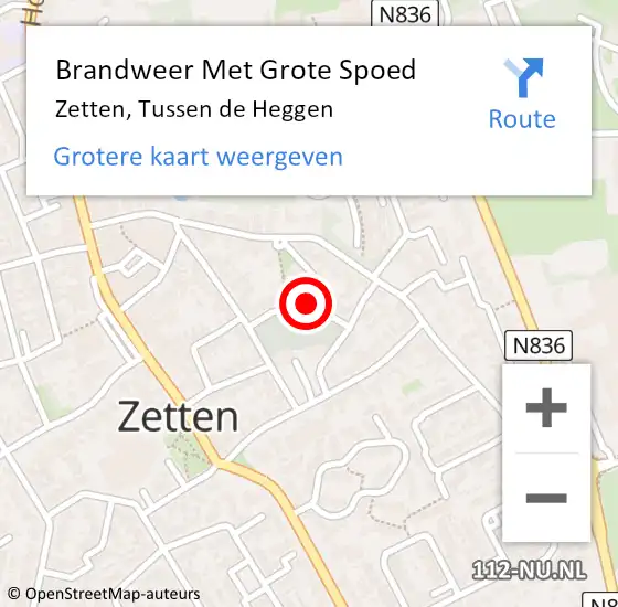 Locatie op kaart van de 112 melding: Brandweer Met Grote Spoed Naar Zetten, Tussen de Heggen op 8 januari 2023 09:29