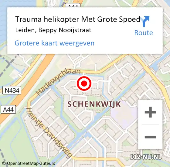 Locatie op kaart van de 112 melding: Trauma helikopter Met Grote Spoed Naar Leiden, Beppy Nooijstraat op 8 januari 2023 16:14