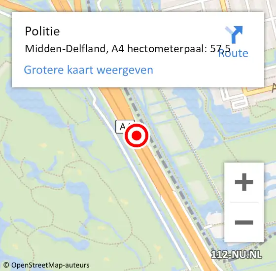 Locatie op kaart van de 112 melding: Politie Midden-Delfland, A4 hectometerpaal: 57,5 op 8 januari 2023 18:08