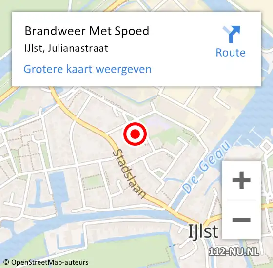 Locatie op kaart van de 112 melding: Brandweer Met Spoed Naar IJlst, Julianastraat op 8 januari 2023 22:29