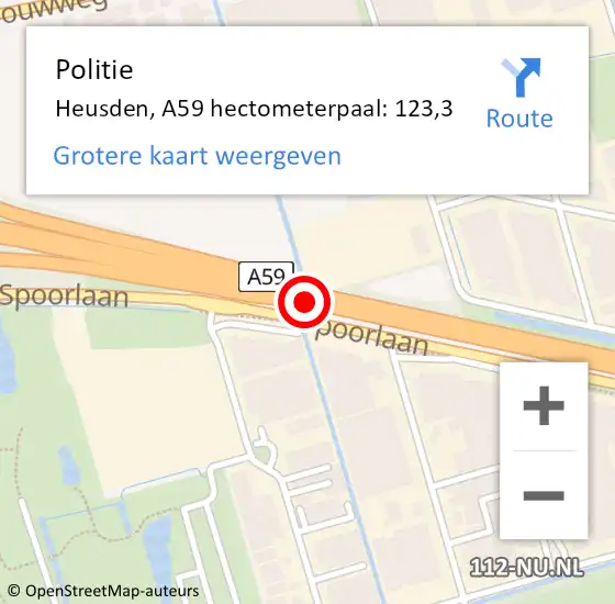 Locatie op kaart van de 112 melding: Politie Heusden, A59 hectometerpaal: 123,3 op 8 januari 2023 23:08