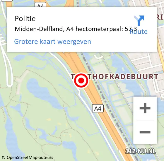 Locatie op kaart van de 112 melding: Politie Midden-Delfland, A4 hectometerpaal: 57,3 op 9 januari 2023 07:46