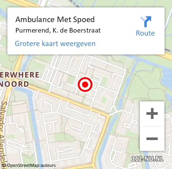 Locatie op kaart van de 112 melding: Ambulance Met Spoed Naar Purmerend, K. de Boerstraat op 9 januari 2023 07:55