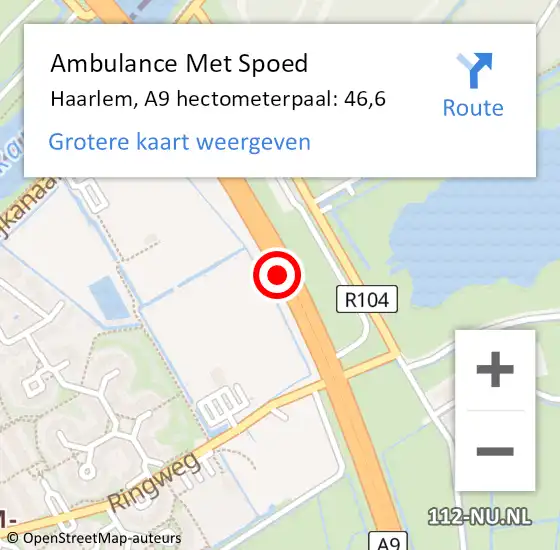 Locatie op kaart van de 112 melding: Ambulance Met Spoed Naar Haarlem, A9 hectometerpaal: 46,6 op 9 januari 2023 08:27