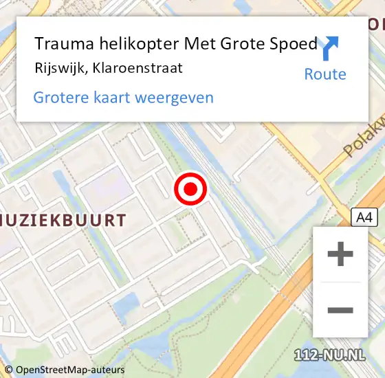 Locatie op kaart van de 112 melding: Trauma helikopter Met Grote Spoed Naar Rijswijk, Klaroenstraat op 9 januari 2023 09:20