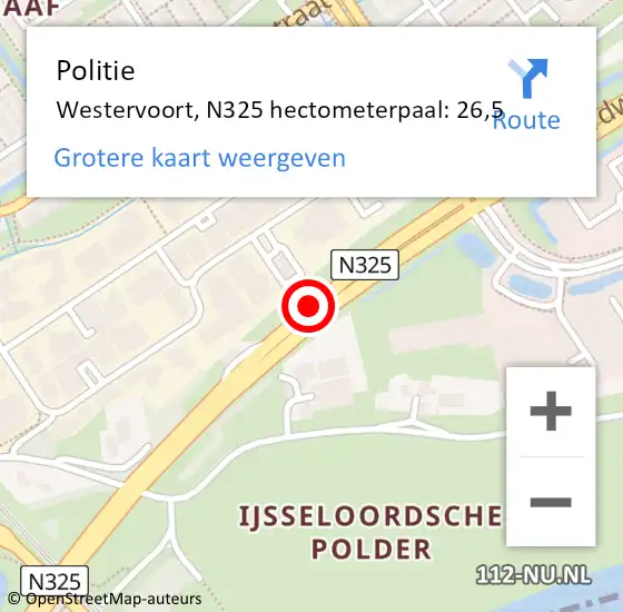 Locatie op kaart van de 112 melding: Politie Westervoort, N325 hectometerpaal: 26,5 op 9 januari 2023 09:50