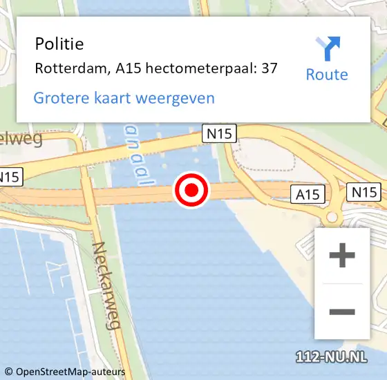 Locatie op kaart van de 112 melding: Politie Rotterdam, A15 hectometerpaal: 37 op 9 januari 2023 10:06