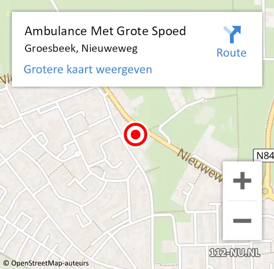 Locatie op kaart van de 112 melding: Ambulance Met Grote Spoed Naar Groesbeek, Nieuweweg op 9 januari 2023 11:56