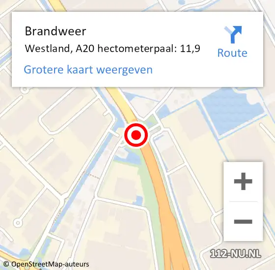 Locatie op kaart van de 112 melding: Brandweer Westland, A20 hectometerpaal: 11,9 op 9 januari 2023 12:23