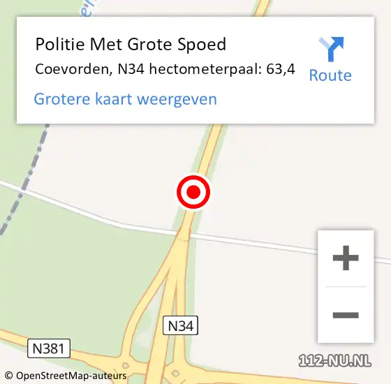 Locatie op kaart van de 112 melding: Politie Met Grote Spoed Naar Coevorden, N34 hectometerpaal: 63,4 op 9 januari 2023 16:39