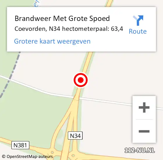 Locatie op kaart van de 112 melding: Brandweer Met Grote Spoed Naar Coevorden, N34 hectometerpaal: 63,4 op 9 januari 2023 16:40