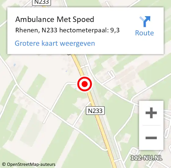 Locatie op kaart van de 112 melding: Ambulance Met Spoed Naar Rhenen, N233 hectometerpaal: 9,3 op 9 januari 2023 16:55