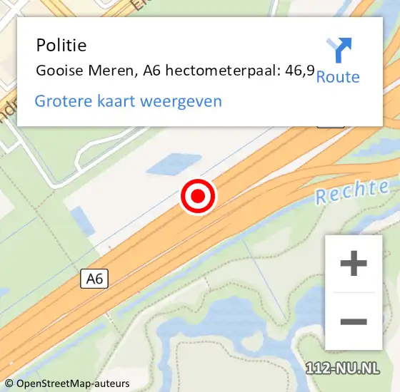 Locatie op kaart van de 112 melding: Politie Gooise Meren, A6 hectometerpaal: 46,9 op 9 januari 2023 17:27