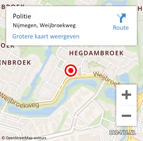 Locatie op kaart van de 112 melding: Politie Nijmegen, Weijbroekweg op 9 januari 2023 18:39