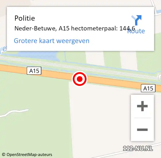 Locatie op kaart van de 112 melding: Politie Neder-Betuwe, A15 hectometerpaal: 144,6 op 9 januari 2023 19:03