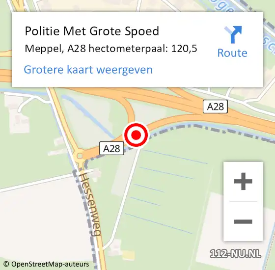 Locatie op kaart van de 112 melding: Politie Met Grote Spoed Naar Meppel, A28 hectometerpaal: 120,5 op 9 januari 2023 20:03