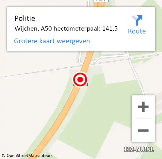 Locatie op kaart van de 112 melding: Politie Wijchen, A50 hectometerpaal: 141,5 op 9 januari 2023 21:16