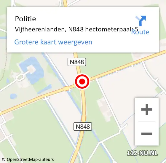 Locatie op kaart van de 112 melding: Politie Vijfheerenlanden, N848 hectometerpaal: 5 op 10 januari 2023 06:16