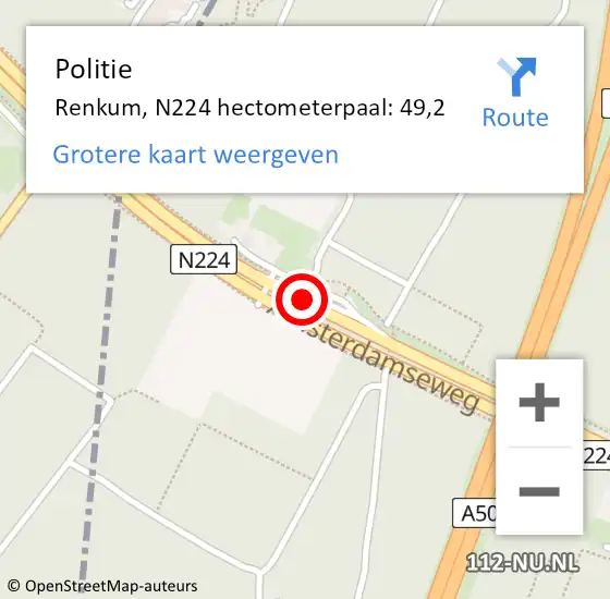 Locatie op kaart van de 112 melding: Politie Renkum, N224 hectometerpaal: 49,2 op 10 januari 2023 06:19