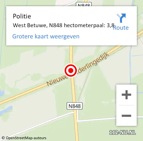 Locatie op kaart van de 112 melding: Politie West Betuwe, N848 hectometerpaal: 3,8 op 10 januari 2023 06:33