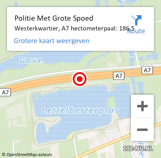Locatie op kaart van de 112 melding: Politie Met Grote Spoed Naar Westerkwartier, A7 hectometerpaal: 186,5 op 10 januari 2023 07:30