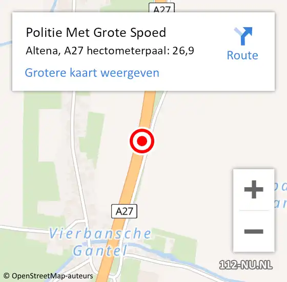 Locatie op kaart van de 112 melding: Politie Met Grote Spoed Naar Altena, A27 hectometerpaal: 26,9 op 10 januari 2023 08:03