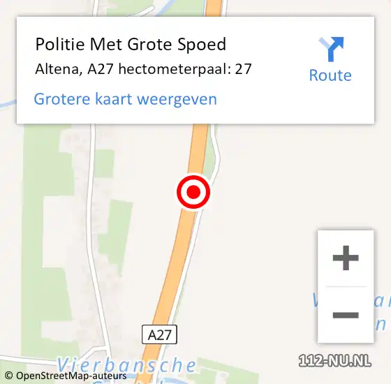 Locatie op kaart van de 112 melding: Politie Met Grote Spoed Naar Altena, A27 hectometerpaal: 27 op 10 januari 2023 08:05