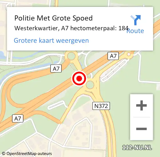 Locatie op kaart van de 112 melding: Politie Met Grote Spoed Naar Westerkwartier, A7 hectometerpaal: 184 op 10 januari 2023 08:33