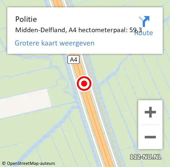 Locatie op kaart van de 112 melding: Politie Midden-Delfland, A4 hectometerpaal: 59,3 op 10 januari 2023 09:53